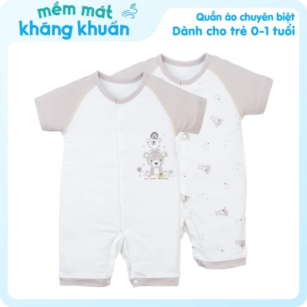 Set 2 Bodysuit kháng khuẩn đùi Gấu nhỏ Animo VD1023008 (0-12M,Trắng)