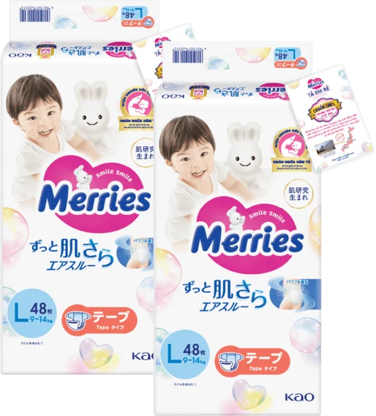 Combo 2 Tã dán Merries (L, 9-14kg, 48 miếng)