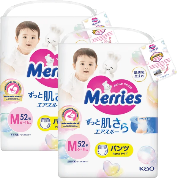 Combo 2 Tã quần Merries (M, 6-11kg, 52 miếng)