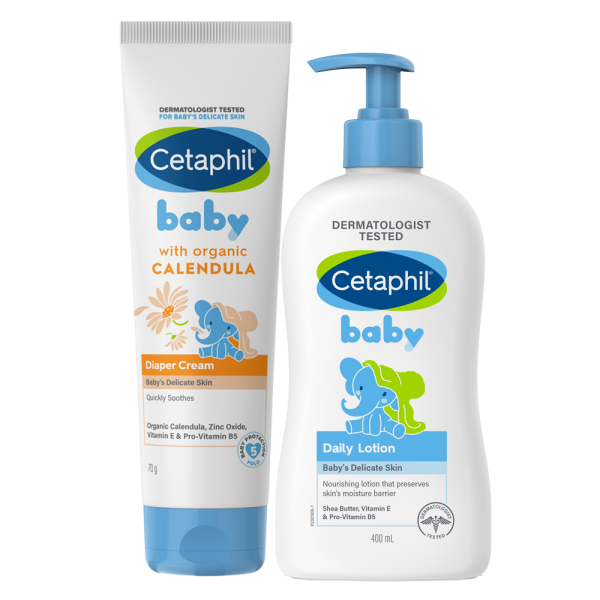 Combo 1 Kem làm dịu hăm tã Cetaphil Baby Diaper Cream Calendula 70g và 1 Kem dưỡng da hằng ngày cho bé (Cetaphil Baby Daily lotion) 400ml