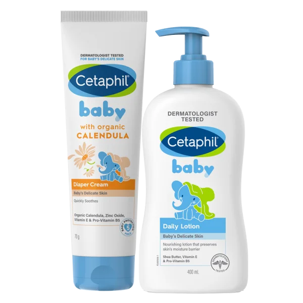 Combo 1 Kem làm dịu hăm tã Cetaphil Baby Diaper Cream Calendula 70g và 1 Kem dưỡng da hằng ngày cho bé (Cetaphil Baby Daily lotion) 400ml