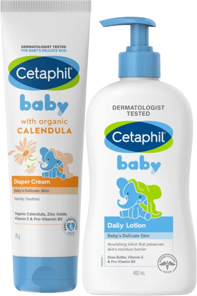 Combo 1 Kem làm dịu hăm tã Cetaphil Baby Diaper Cream Calendula 70g và 1 Kem dưỡng da hằng ngày cho bé (Cetaphil Baby Daily lotion) 400ml