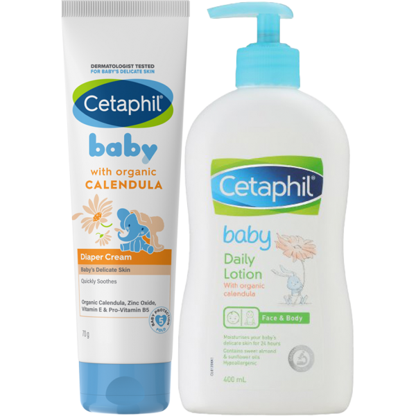 Combo 1 Kem làm dịu hăm tã Cetaphil Baby Diaper Cream Calendula 70g và 1 Sữa dưỡng da trẻ em tinh chất hoa cúc (Cetaphil Baby Daily Lotion) 400ml