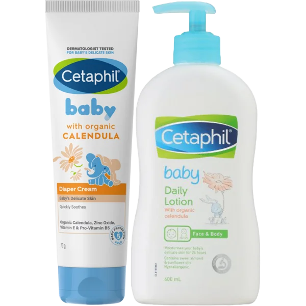 Combo 1 Kem làm dịu hăm tã Cetaphil Baby Diaper Cream Calendula 70g và 1 Sữa dưỡng da trẻ em tinh chất hoa cúc (Cetaphil Baby Daily Lotion) 400ml