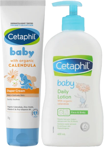 Combo 1 Kem làm dịu hăm tã Cetaphil Baby Diaper Cream Calendula 70g và 1 Sữa dưỡng da trẻ em tinh chất hoa cúc (Cetaphil Baby Daily Lotion) 400ml