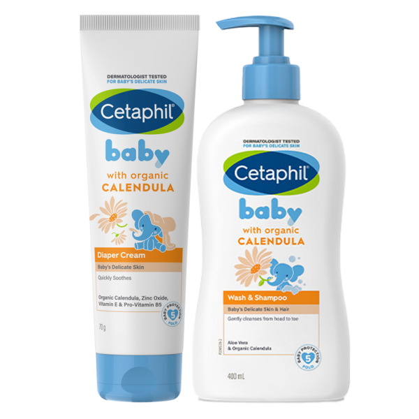 Combo 1 Kem làm dịu hăm tã Cetaphil Baby Diaper Cream Calendula 70g và 1 Sữa tắm gội trẻ em tinh chất hoa cúc (Cetaphil Baby Wash