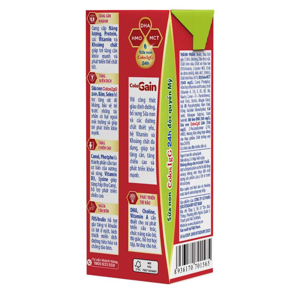 Combo 3 thùng Sữa uống dinh dưỡng Colos Gain 180ml, lốc 4 hộp (trên 1 tuổi)