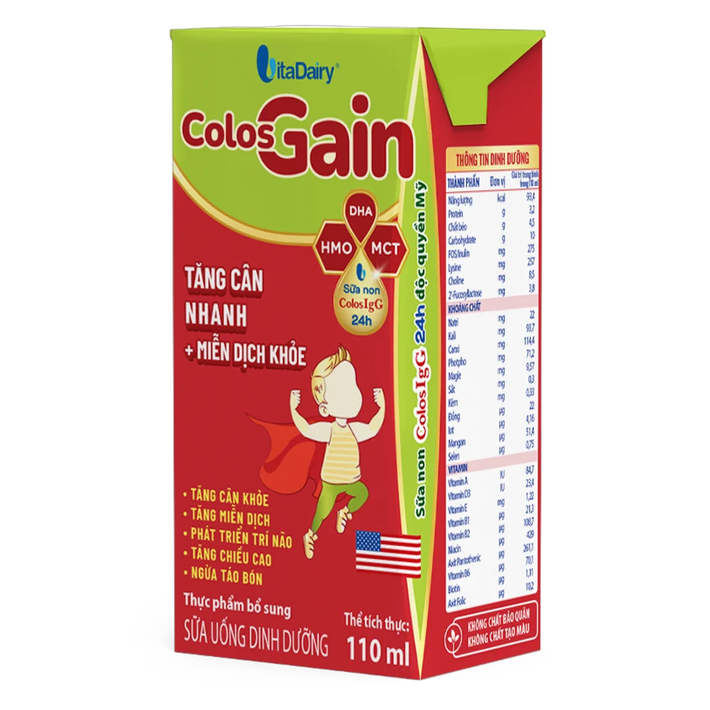 Combo 6 lốc Sữa uống dinh dưỡng Colos Gain 110ml, lốc 4 hộp (trên 1 tuổi)