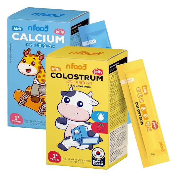 Combo 1 Thực phẩm bổ sung thạch Calci trẻ em NFood hương đào và 1 Thạch sữa non trẻ em NFood hương dâu