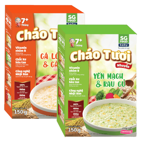 Combo 1 Cháo tươi trẻ em SG Food vị Cá lóc & Cà rốt (150g) và 1 Cháo tươi trẻ em SG Food vị Yến mạch & Rau củ (150g)