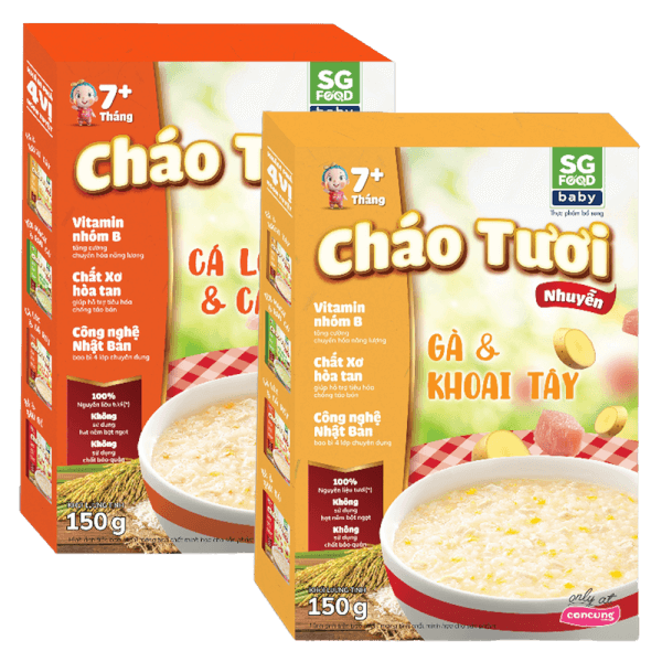 Combo 1 Cháo tươi trẻ em SG Food vị Cá lóc & Cà rốt (150g) và 1 Cháo tươi trẻ em SG Food vị Gà & Khoai tây (150g)