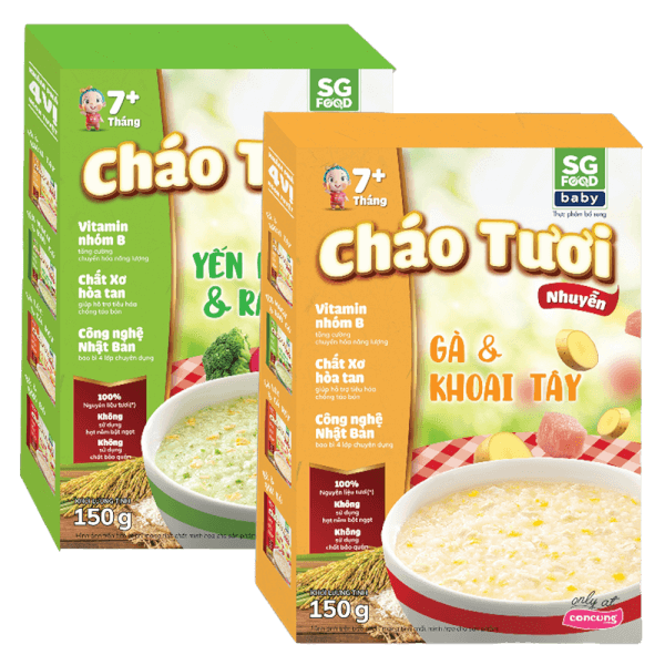 Combo 1 Cháo tươi trẻ em SG Food vị Yến mạch & Rau củ (150g) và 1 Cháo tươi trẻ em SG Food vị Gà & Khoai tây (150g)