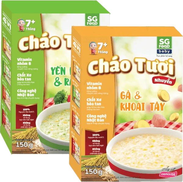 Combo 1 Cháo tươi trẻ em SG Food vị Yến mạch & Rau củ (150g) và 1 Cháo tươi trẻ em SG Food vị Gà & Khoai tây (150g)