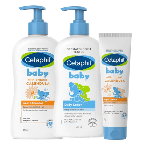 Combo 3 bước Cetaphil Sữa tắm gội trẻ em tinh chất hoa cúc 400ml & Kem dưỡng da hằng ngày cho bé 400ml & Kem làm dịu hăm tã Cetaphil Baby Diaper Cream Calendula 70g
