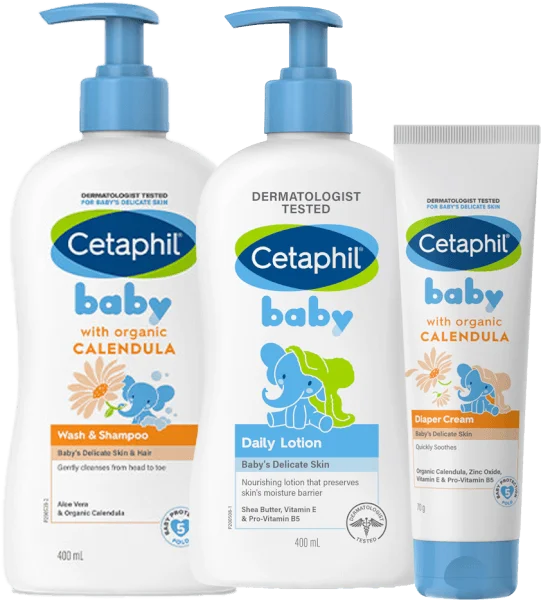 Combo 3 bước Cetaphil Sữa tắm gội trẻ em tinh chất hoa cúc 400ml & Kem dưỡng da hằng ngày cho bé 400ml & Kem làm dịu hăm tã Cetaphil Baby Diaper Cream Calendula 70g