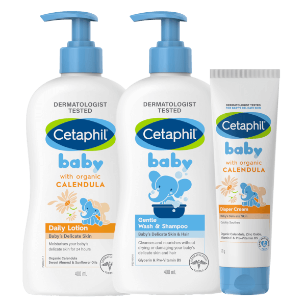 Combo 3 bước Cetaphil Sữa tắm gội cho trẻ em (Cetaphil Baby Gentle Wash&Shampoo) 400ml & Sữa dưỡng da trẻ em tinh chất hoa cúc (Cetaphil Baby Daily Lotion) 400ml & Kem làm dịu hăm tã Cetaphil Baby Diaper Cream Calendula 70g