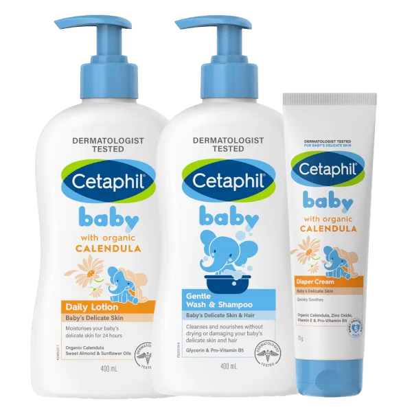 Combo 3 bước Cetaphil Sữa tắm gội cho trẻ em (Cetaphil Baby Gentle Wash&Shampoo) 400ml & Sữa dưỡng da trẻ em tinh chất hoa cúc (Cetaphil Baby Daily Lotion) 400ml & Kem làm dịu hăm tã Cetaphil Baby Diaper Cream Calendula 70g