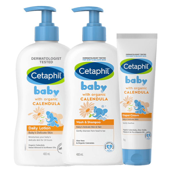 Combo 3 bước Cetaphil Sữa tắm gội trẻ em tinh chất hoa cúc (Cetaphil Baby Wash&Shampoo) 400ml & Sữa dưỡng da trẻ em tinh chất hoa cúc (Cetaphil Baby Daily Lotion) 400ml & Kem làm dịu hăm tã Cetaphil Baby Diaper Cream Calendula 70g