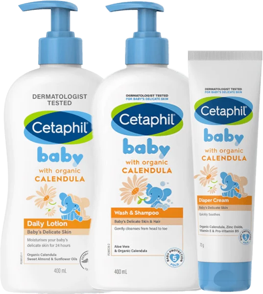 Combo 3 bước Cetaphil Sữa tắm gội trẻ em tinh chất hoa cúc (Cetaphil Baby Wash&Shampoo) 400ml & Sữa dưỡng da trẻ em tinh chất hoa cúc (Cetaphil Baby Daily Lotion) 400ml & Kem làm dịu hăm tã Cetaphil Baby Diaper Cream Calendula 70g