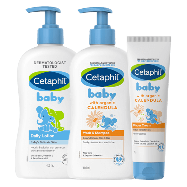 Combo 3 bước Cetaphil Sữa tắm gội cho trẻ em (Cetaphil Baby Gentle Wash&Shampoo) 400ml & Kem dưỡng da hằng ngày cho bé (Cetaphil Baby Daily lotion) 400ml & Kem làm dịu hăm tã Cetaphil Baby Diaper Cream Calendula 70g