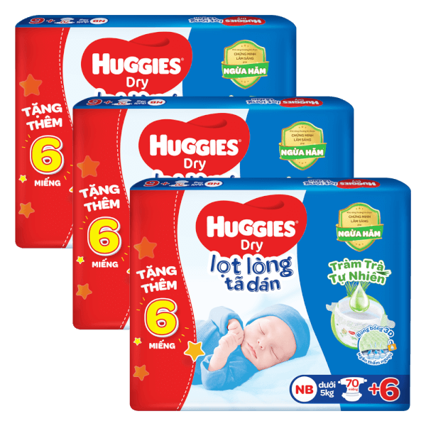 Combo 3 Tã dán sơ sinh Huggies (Newborn, dưới 5kg, 70 miếng) + 6 miếng