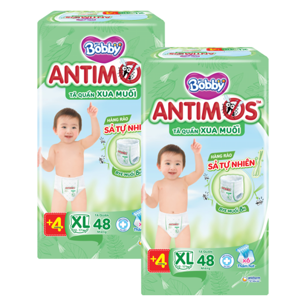 Combo 2 Tã quần Bobby Antimos Xua Muỗi (size XL, 48+4 miếng)