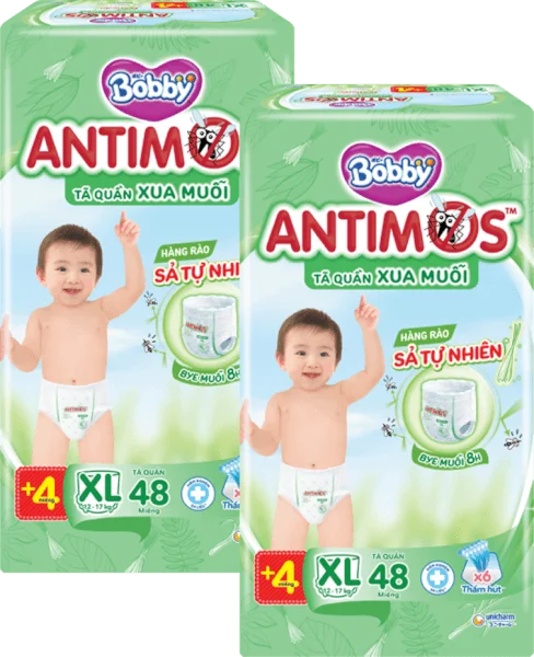 Combo 2 Tã quần Bobby Antimos Xua Muỗi (size XL, 48+4 miếng)
