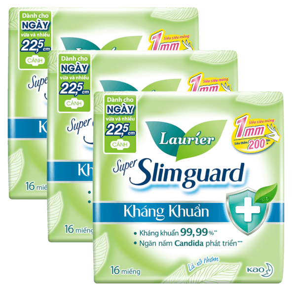 Combo 3 Băng vệ sinh Laurier Super SlimGuard kháng khuẩn 22,5cm 16 miếng