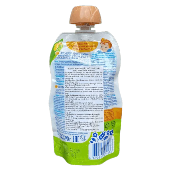 Trái cây nghiền táo, việt quất, dâu rừng và ngũ cốc Agusha