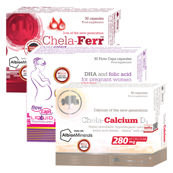 Combo 1 Thực phẩm bảo vệ sức khỏe Chela calcium D3, 1 Chela - Ferr Forte và 1 Gold DHA