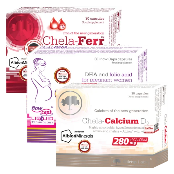 Combo 1 Thực phẩm bảo vệ sức khỏe Chela calcium D3, 1 Chela - Ferr Forte và 1 Gold DHA