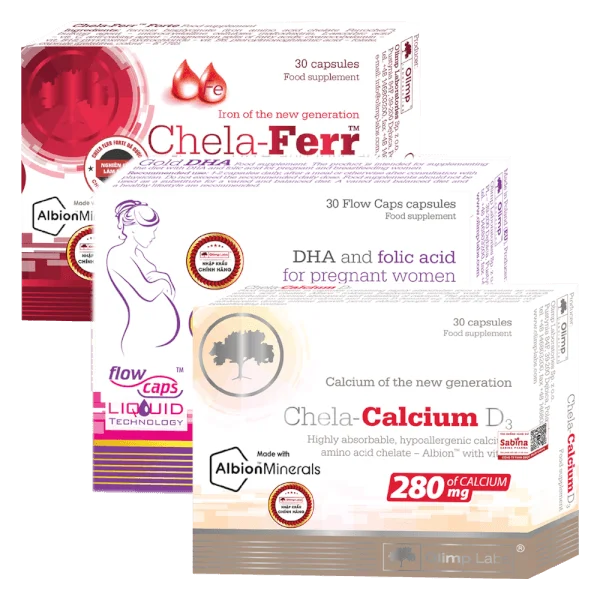 Combo 1 Thực phẩm bảo vệ sức khỏe Chela calcium D3, 1 Chela - Ferr Forte và 1 Gold DHA