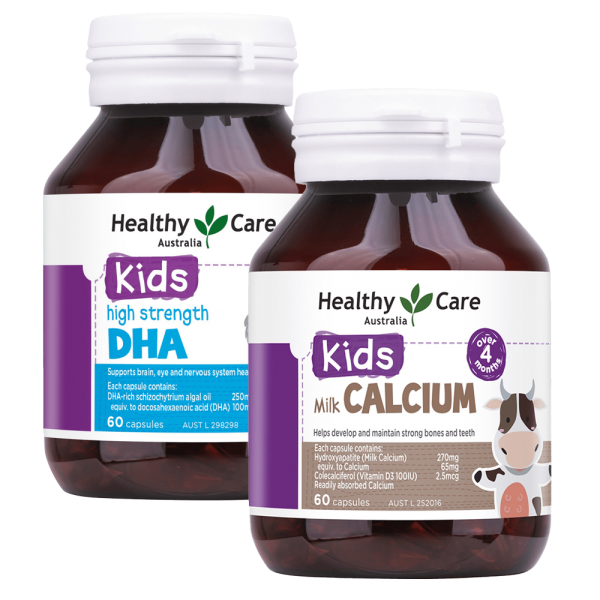 Combo Thực phẩm bảo vệ sức khỏe Healthy Care Kids High Strength DHA và Thực phẩm bảo vệ sức khỏe Healthy Care Milk Calcium