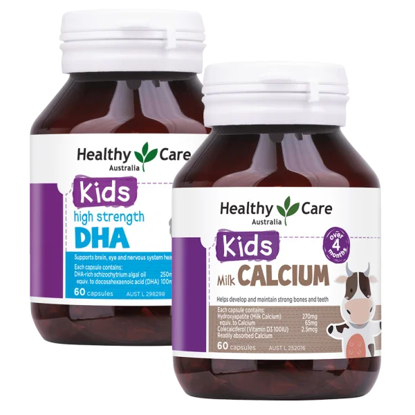 Combo Thực phẩm bảo vệ sức khỏe Healthy Care Kids High Strength DHA và Thực phẩm bảo vệ sức khỏe Healthy Care Milk Calcium