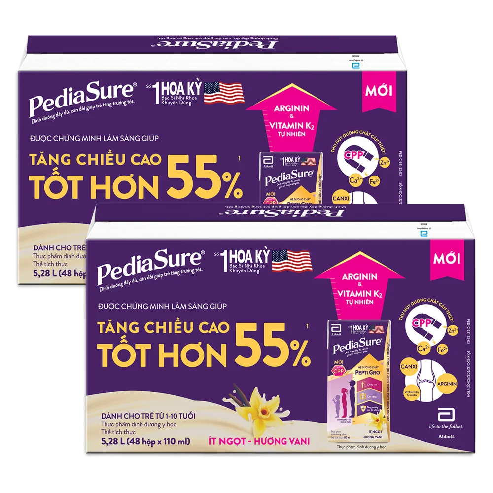 Combo 2 thùng Thực phẩm dinh dưỡng y học cho trẻ 1-10 tuổi: Pediasure hương vani (110ml) (Lốc 4)