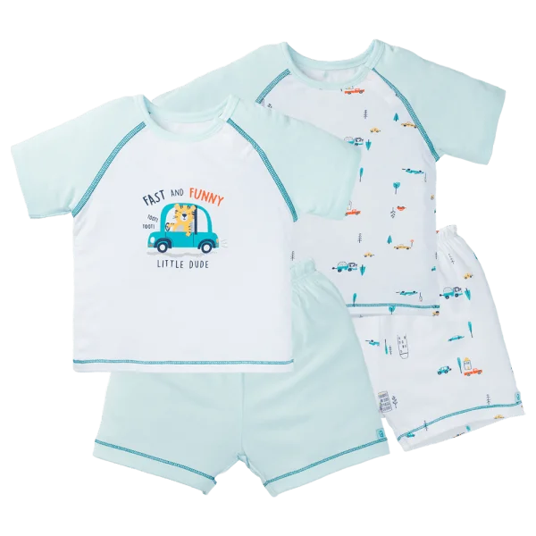 Set 2 Bộ kháng khuẩn Modal ngắn Xe hơi Animo VD1023003 (0-24M,Xanh ngọc)