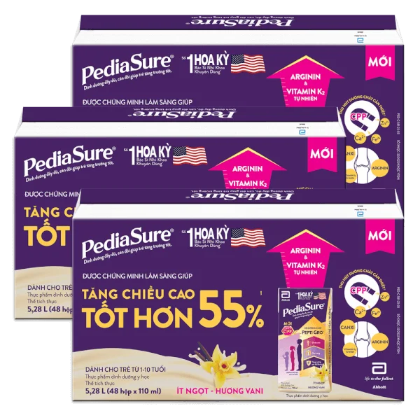 Combo 3 Thùng Thực phẩm dinh dưỡng y học cho trẻ 1-10 tuổi: Pediasure hương vani (110ml) (Lốc 4)