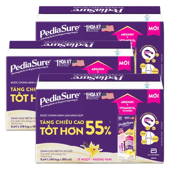 Combo 3 Thùng Thực phẩm dinh dưỡng y học cho trẻ 1-10 tuổi: Pediasure hương vani (180ml) (Lốc 4)