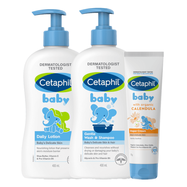 Combo 3 bước Cetaphil Sữa tắm gội cho trẻ em (Cetaphil Baby Gentle Wash&Shampoo) 400ml & Kem dưỡng da hằng ngày cho bé (Cetaphil Baby Daily lotion) 400ml & Kem làm dịu hăm tã Cetaphil Baby Diaper Cream Calendula 70g