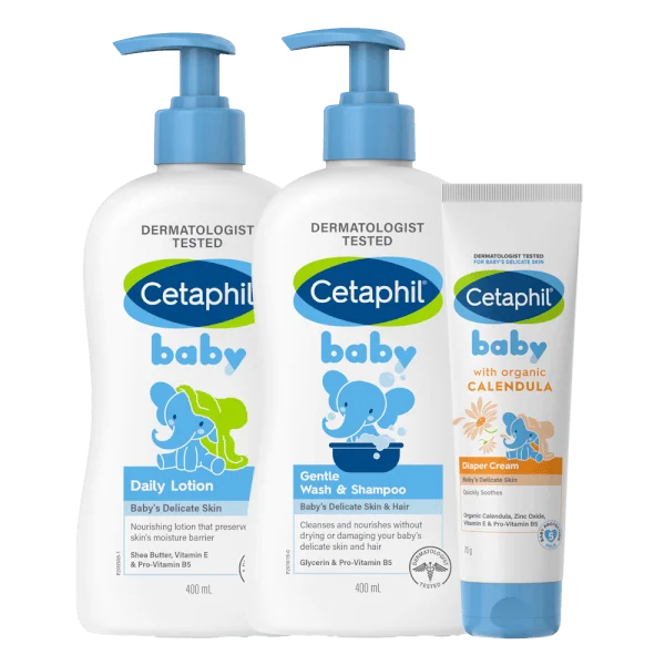 Combo 3 bước Cetaphil Sữa tắm gội cho trẻ em (Cetaphil Baby Gentle Wash&Shampoo) 400ml & Kem dưỡng da hằng ngày cho bé (Cetaphil Baby Daily lotion) 400ml & Kem làm dịu hăm tã Cetaphil Baby Diaper Cream Calendula 70g