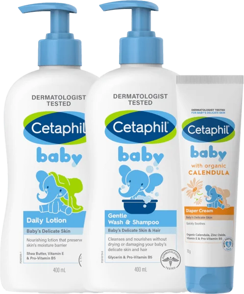 Combo 3 bước Cetaphil Sữa tắm gội cho trẻ em (Cetaphil Baby Gentle Wash&Shampoo) 400ml & Kem dưỡng da hằng ngày cho bé (Cetaphil Baby Daily lotion) 400ml & Kem làm dịu hăm tã Cetaphil Baby Diaper Cream Calendula 70g