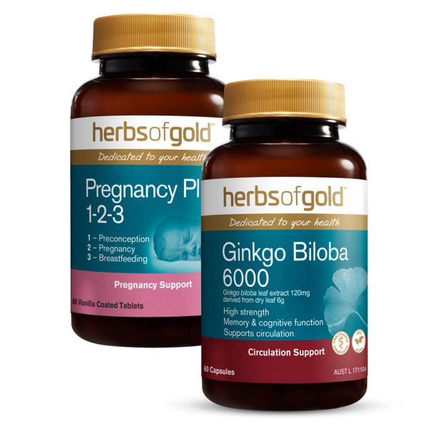 Combo 1 Thực phẩm bảo vệ sức khoẻ Herbs of Gold Pregnancy Plus 1-2-3 và 1 Thực phẩm bảo vệ sức khoẻ Herbs of Gold Ginkgo Biloba 6000