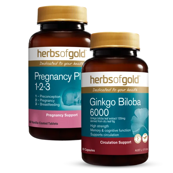 Combo 1 Thực phẩm bảo vệ sức khoẻ Herbs of Gold Pregnancy Plus 1-2-3 và 1 Thực phẩm bảo vệ sức khoẻ Herbs of Gold Ginkgo Biloba 6000