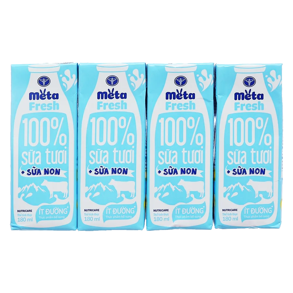 Thùng sữa tươi ít đường bổ sung sữa non Metafresh 180ml, lốc 4 hộp