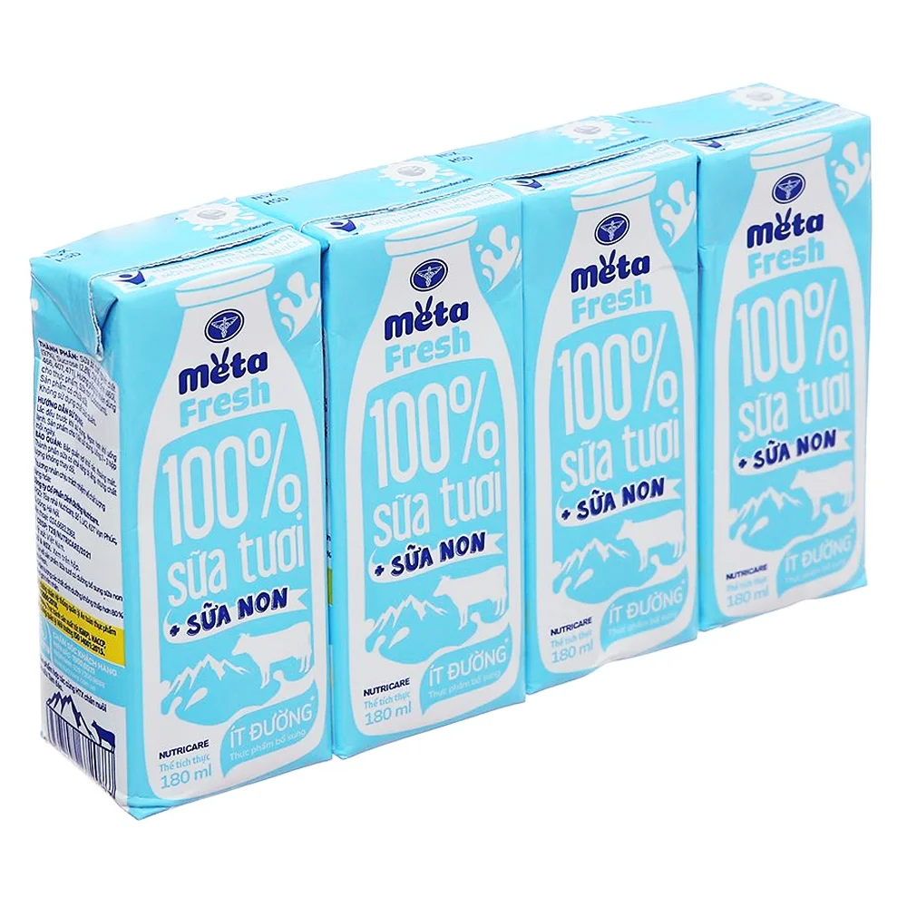 Thùng sữa tươi ít đường bổ sung sữa non Metafresh 180ml, lốc 4 hộp