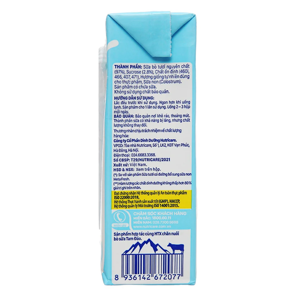 Thùng sữa tươi ít đường bổ sung sữa non Metafresh 180ml, lốc 4 hộp