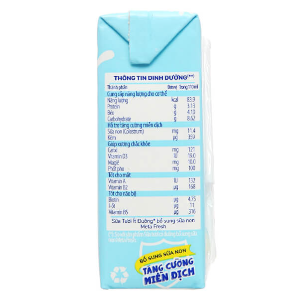 Thùng sữa tươi ít đường bổ sung sữa non Metafresh 110ml, lốc 4 hộp