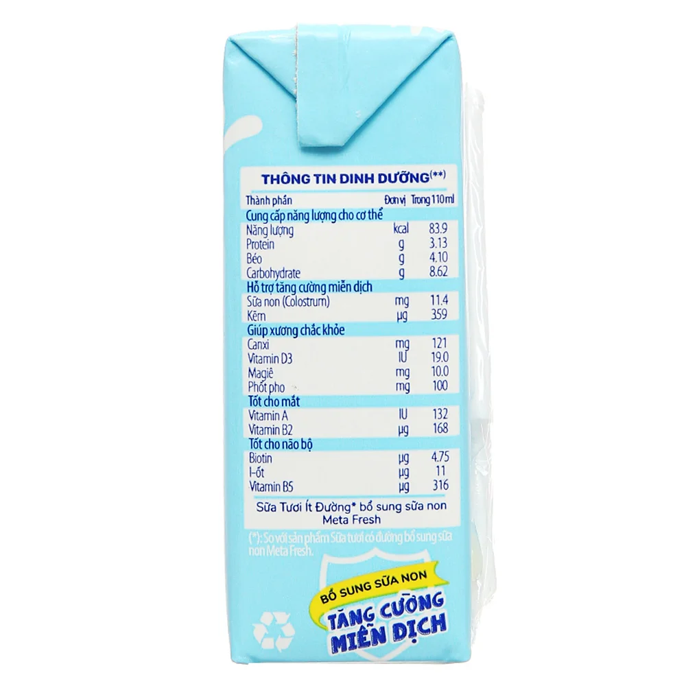 Sữa tươi ít đường bổ sung sữa non Metafresh 110ml, lốc 4 hộp