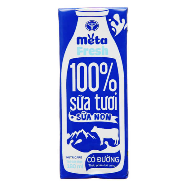 Thùng sữa tươi có đường bổ sung sữa non Metafresh 180ml, lốc 4 hộp