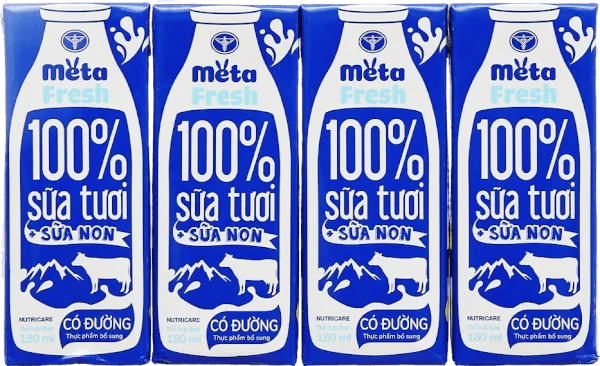 Sữa tươi có đường bổ sung sữa non Metafresh 180ml, lốc 4 hộp